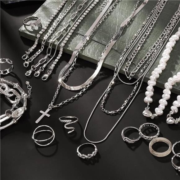 43 PCS Silver Jewelry Set for Women,Ball Dangle Hoop Earrings,Multi Layered - Picture 2 of 7